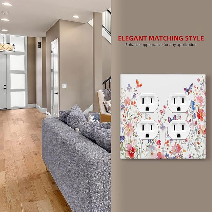 Colorful Flower Watercolor Floral Butterfly Bird Outlet Covers 2 Gang Double Duplex Decorative Light Switch Covers Electrical Wallplates Socket Faceplate for Bedroom Living Room Decor