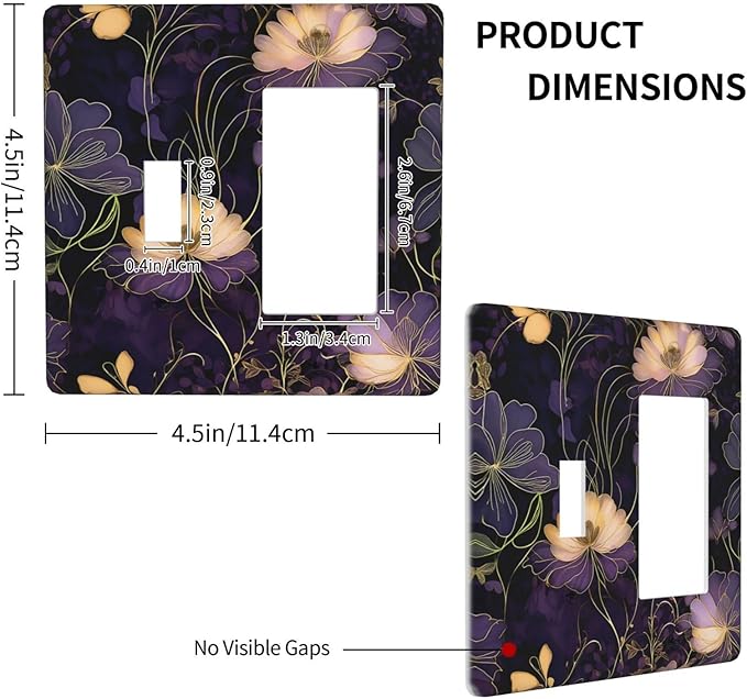 Modern Boho Vintage Gold Purple Dark Floral Modern Abstract Flowers Outlet Covers 1 Toggle 1 Rocker Combination Electrical Switch Plates Light Switch Cover Plate Decorative Wall Plate for Bedroom