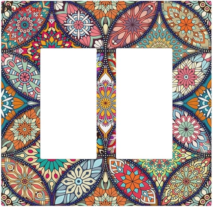 Boho Floral Pretty Colorful Mandala Flowers Decorative Outlet Covers 2 Gang Double GFCI Rocker Electrical Wall Panels Light Switch Cover Plate for Bedroom Living Room Decor