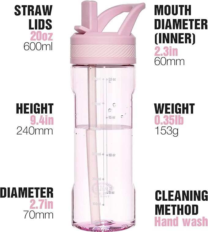 OLDLEY 20 kids Water Bottle with Straw,Tritan BPA-Free,Leak-Proof Design for Travel, Home, School, (Pink)