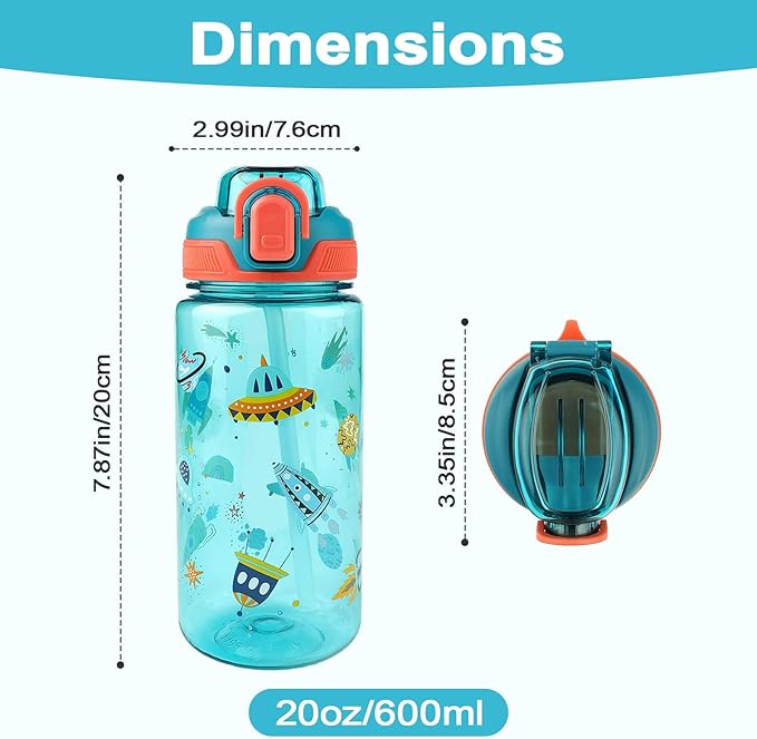 Kids Water Bottle for School or Travel, 20 Oz 2 Pack Durable Plastic Water Bottle with Silicone Straw and Pop-Up Spout Cover, BPA Free & Dishwasher Safe(Rocket & Ocean Animals)