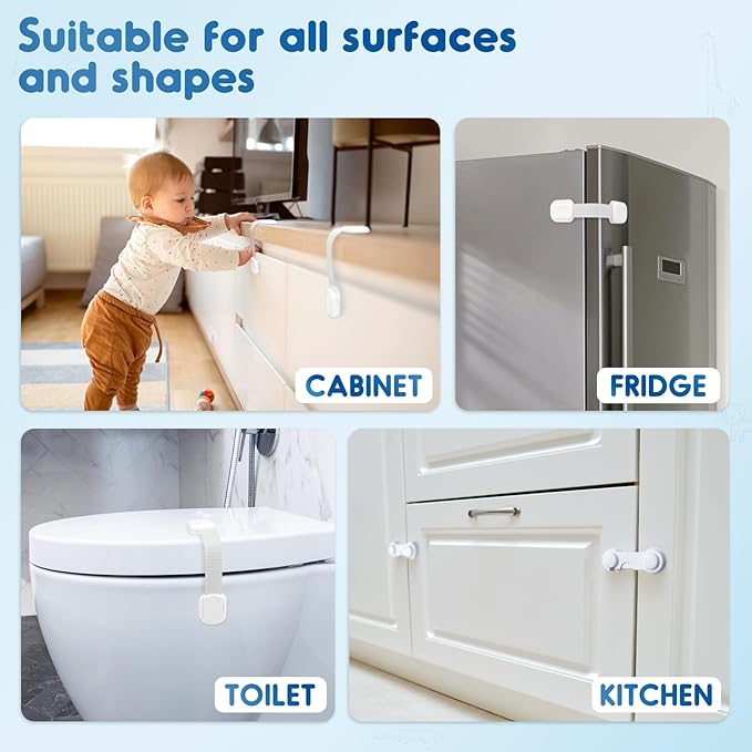 Cabinet Locks Baby Proofing, 12 Pack Child Proof Cabinet Locks with Strong Adhesive Child Safety Locks for Doors, Drawer Locks Baby Proofing No Drilling, Cabinet Locks for Babies- White