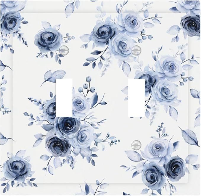 Watercolor Blue Roses Double Toggle Switch Cover - 2-Gang Standard US Size Serene Floral Light Switch Covers, French Country Vintage Bouquet for Farmhouse Homes
