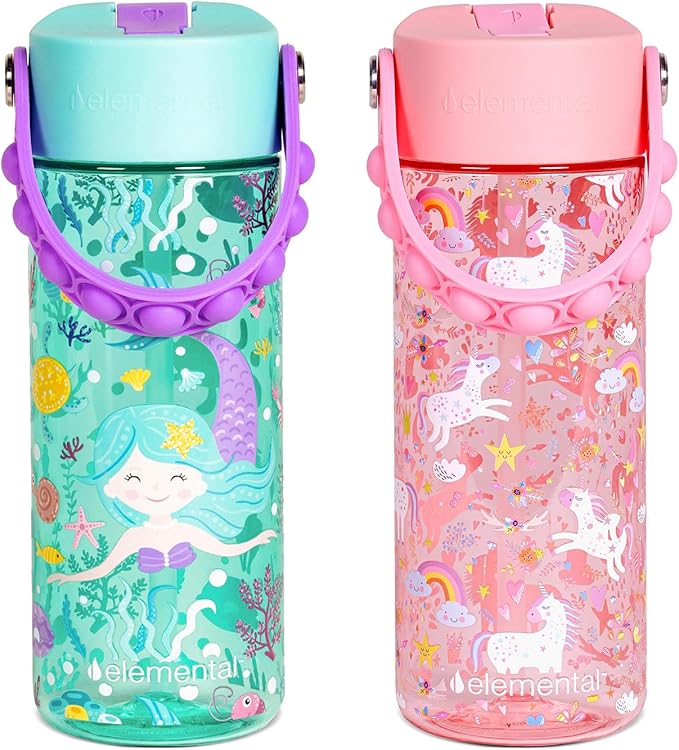 Elemental Leak Proof Water Bottles for Kids - Splash Kids Water Bottle for School with Pop-it Handle - Tritan Plastic Water Bottle with Straw - Mermaid & Pink Unicorn - 18oz (2 Pack)