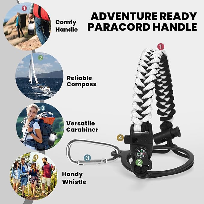 RAYMYLO Insulated Water Bottle 64 oz, Triple Wall Vacuum Stainless Steel (Cold for 48 Hrs), Leak Proof & Non-BPA, Half Gallon Water Flask Jug with Paracord Handle & Straw Spout Lids, White/Black
