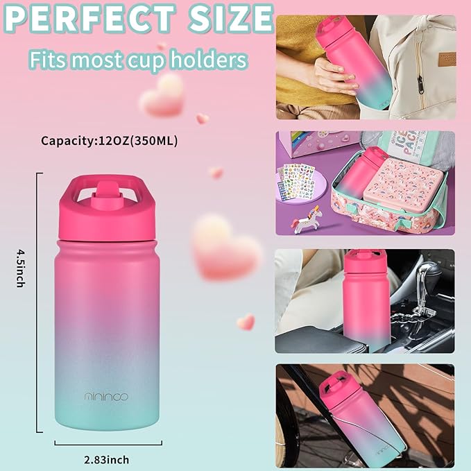 mininoo Insulated Kids Water Bottle for School, 12 oz Stainless Steel with Straw Lid and Chug Lid for Girls, Boys (Punch/Green)