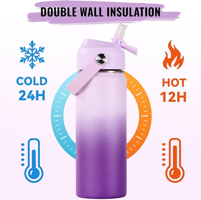 Fijinhom 18oz Insulated Stainless Steel Water Bottle, Wide Mouth Double Wall Vacuum, Silicone Straw, Sweat & Leak Proof, BPA Free Insulated Water Flask for Travel, Purple Gradient