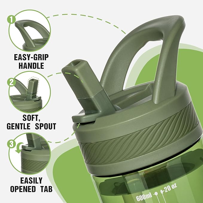 OLDLEY 20 kids Water Bottle with Straw,Tritan BPA-Free,Leak-Proof Design for Travel, Home, School, (Army Green)