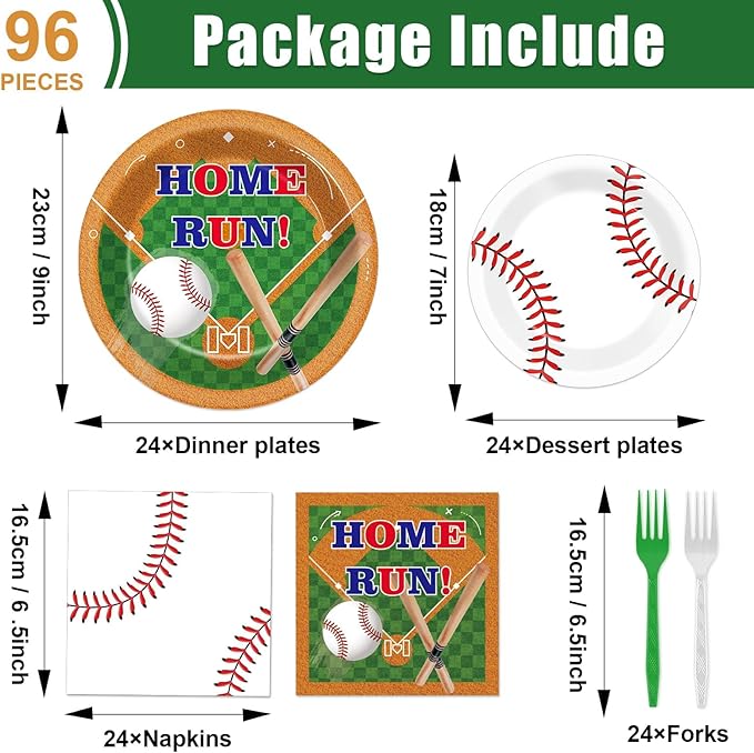 CHUNNIN 96pcs Baseball Birthday Party Plates and Napkins for Baseball Party Supplies Sports Birthday Party Disposable Paper Plates Tableware Set for 24 Guests Baseball Game Party Decorations