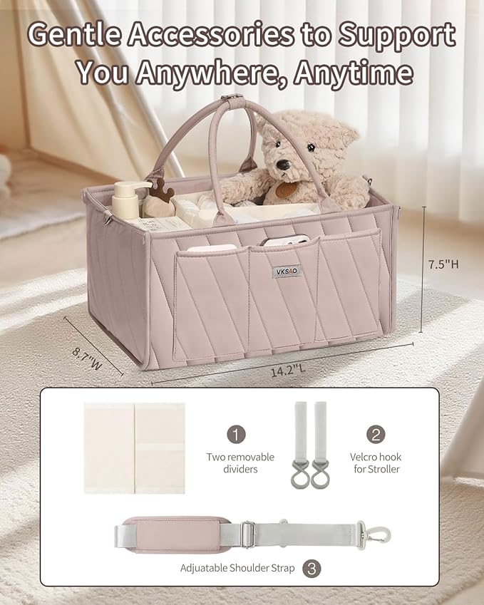 Diaper Caddy Organizer – Portable Storage Basket with Shoulder Strap & Stroller Hooks, Splashproof Quilted Nursery & Car Tote, Gender Neutral Gift for Baby Shower, Smoky Gray