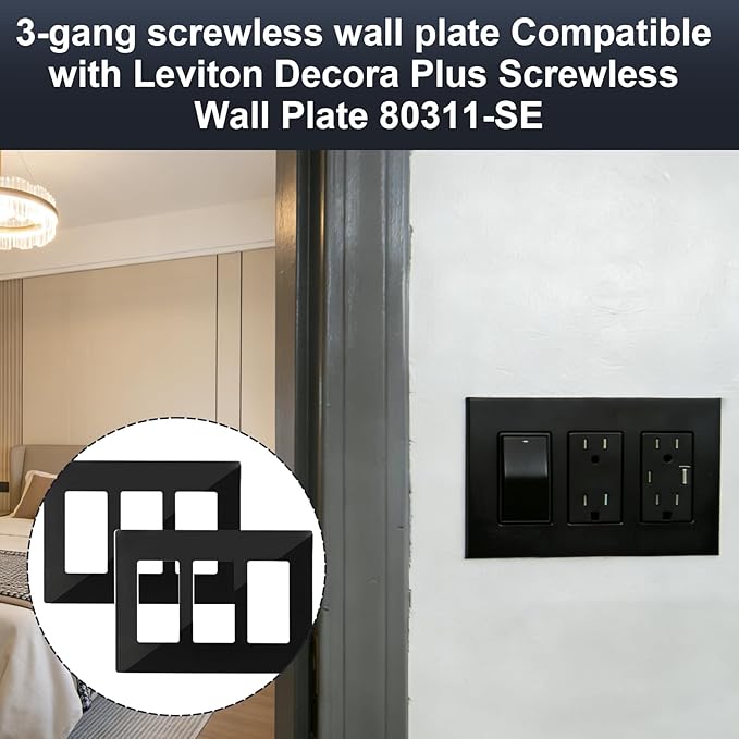 80311-SE 3-Gang Screwless Decorator Wall Plate,Screw Smooth Face Switch Plates for Leviton 80311-SE,3-Gang Screwless Wall Plate Receptacle Outlet Cover Black 2 Pack