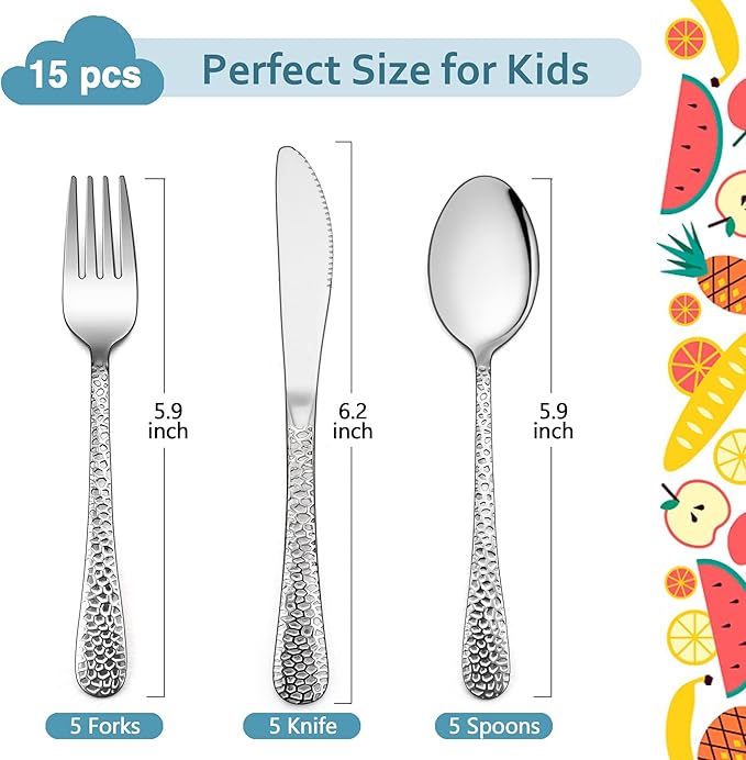 LIANYU 15-Piece Kids Utensils Silverware Set, Stainless Steel Toddler Hammered Flatware Cutlery, Children Tableware Includes Knives Forks Spoons, Dishwasher Safe