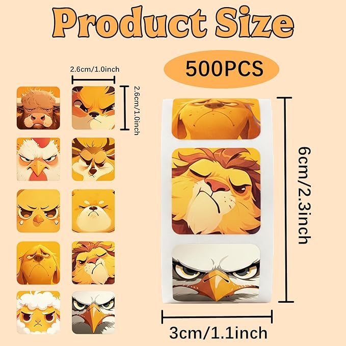 500Pcs Cartoon Animals Sticker Roll, Funny Waterproof Animals Stickers for Kids, Colorful Decals for Crafts, Water Bottle, Laptop, Bumper,Helmet, Fridge, School Rewards, Party Goodie Bags