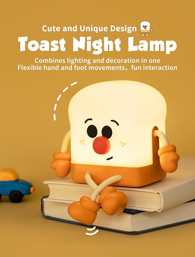 Toast Night Light for Kids, Rechargeable Bedside Table Lamp, Portable Night Lamps, Cute Nursery Night Lights for Bedroom, Office, Desk Lamp Funny Gifts for Baby, Teens, Adults