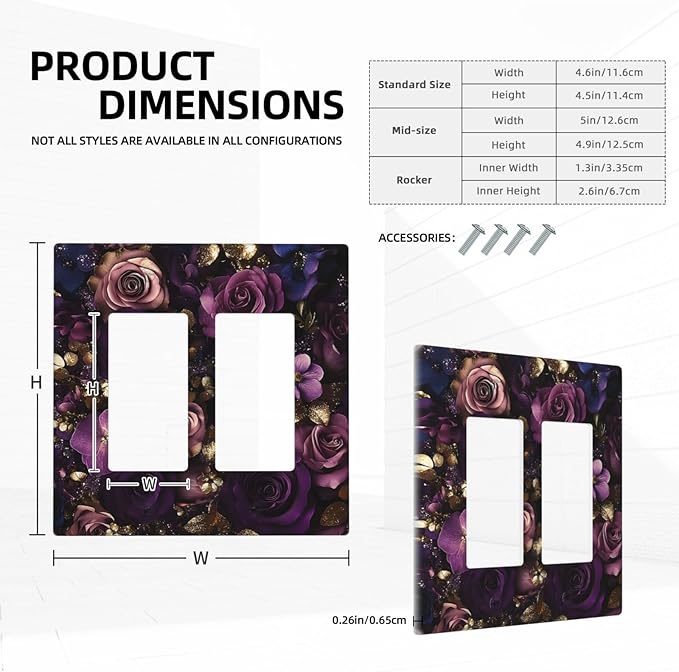 Decorative Outlet Covers with Luxurious Purple Roses Gold Accents Leaves Design 2 Gang Wall Plate Double Rocker Light Switch Cover Switch Plate Cover for Romantic Bedroom/Living Room Decor