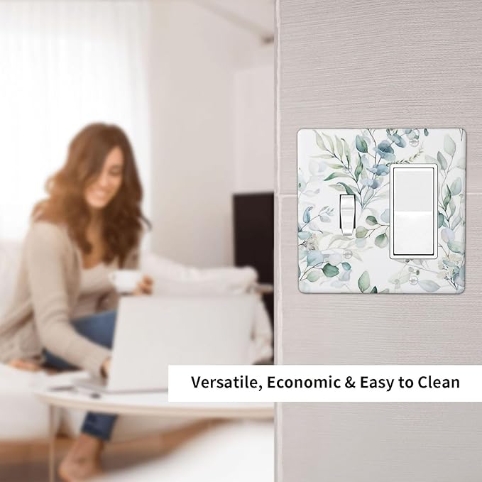 Watercolor Green Eucalyptus Saga Boho Leaves Decorative Single Toggle/Rocker Combo Light Switch Cover 2-Gang Electrical Wall Plate Botanical Double Combination Switch Decorator GFCI Receptacle Cover