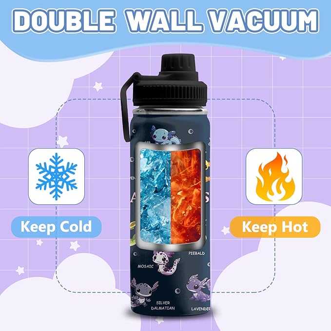 Axolotl Gifts for Girls Boys, 18 oz Stainless Steel Water Bottle with 2 Lids, Insulated Water Bottle with Straw, Axolotl Cup for Travel Sports Outdoor, Birthday Christmas Gifts (1pcs)
