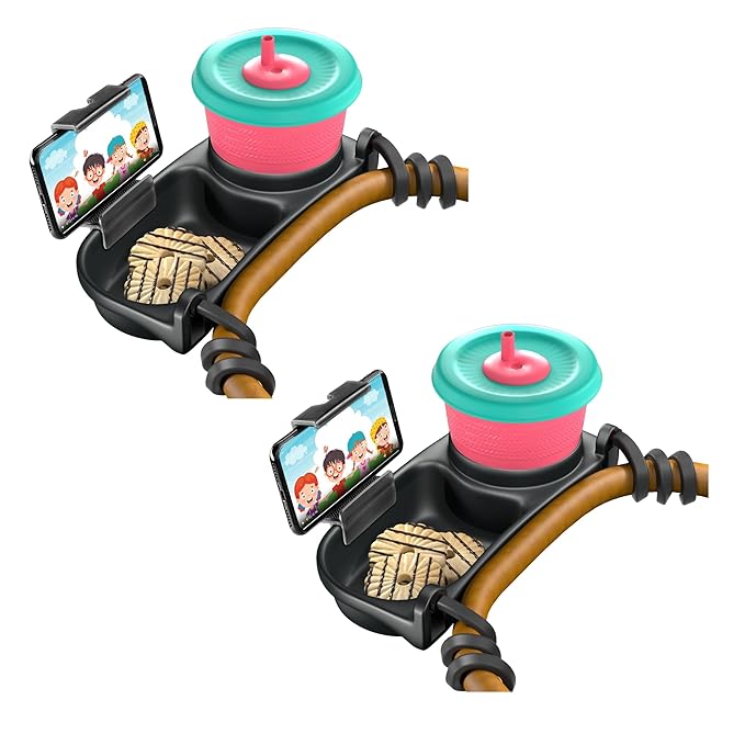 Universal Stroller Snack Tray | Stroller Cup Holder | Silicone Flexible Arms Grip Stroller Bumper Bar Stays in Place Stroller Tray Attachment (2-Pack Snack Tray with Phone Holder Black)