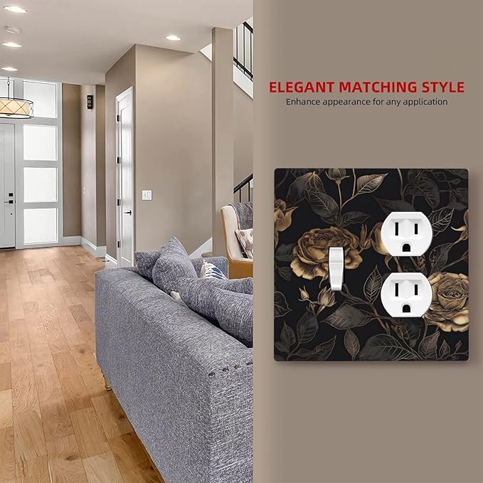 Black Floral Dark Vintage Gold Rose Flower Wallplates 1 Toggle 1 Duplex Switch Plate Electrical GFCI Faceplate Decorative Light Switch Covers for Bedroom Living Room Decor