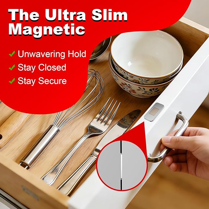 PHIXBEAR No Drill Magnetic Cabinet Door Catch with Adhesive – Stainless Steel, Strong Hold Child Safety Lock for Kitchen Cabinets, Bathroom, RV – Drawer Magnets 1.57” x 0.79” 4 Pack