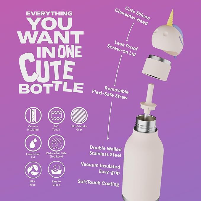asobu Bestie Bottle Insulated Stainless Steel Water Bottle with Detachable Soft Animal Head Fun Drinking For Kids and Teens with Flexible Reusable Straw 16 Ounce