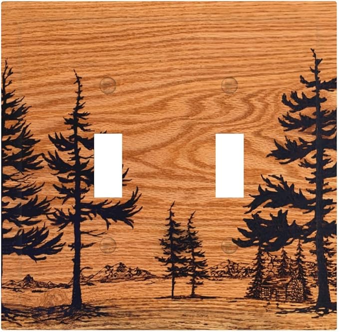 Pine Forest Natural Scenery Silhouette Wood Grain Decorative Switch Plates 2 Gang Double Toggle Outlet Light Switch Cover Wall Plate Electrical Faceplate for Farmhouse Home Decor