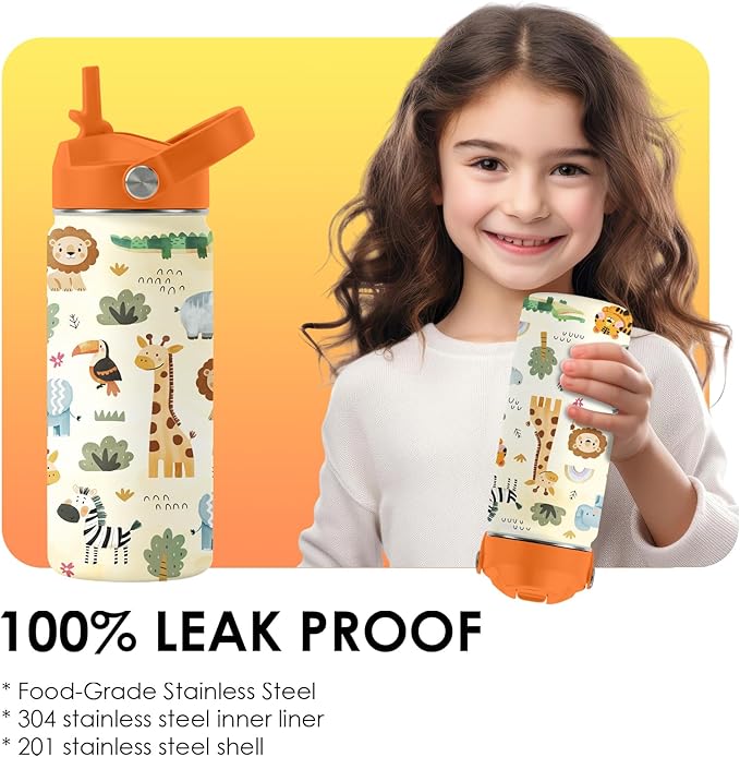 16oz Kids Wild Animal Water Bottle with Straw Lid, Stainless Steel Insulated Tumbler, Leakproof, BPA-Free, for Boys & Girls, Travel - Forest Friends Nature Lovers Birthday Gift Cup (1pc)