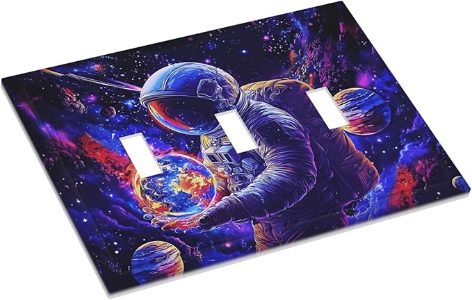Astronaut Space Cool Galaxy Planet Decorative Switch Plates 3 Gang Wall Plate Triple Toggle Light Switch Cover Faceplate Electrical Wall Panels for Kids Room Nursery Decor