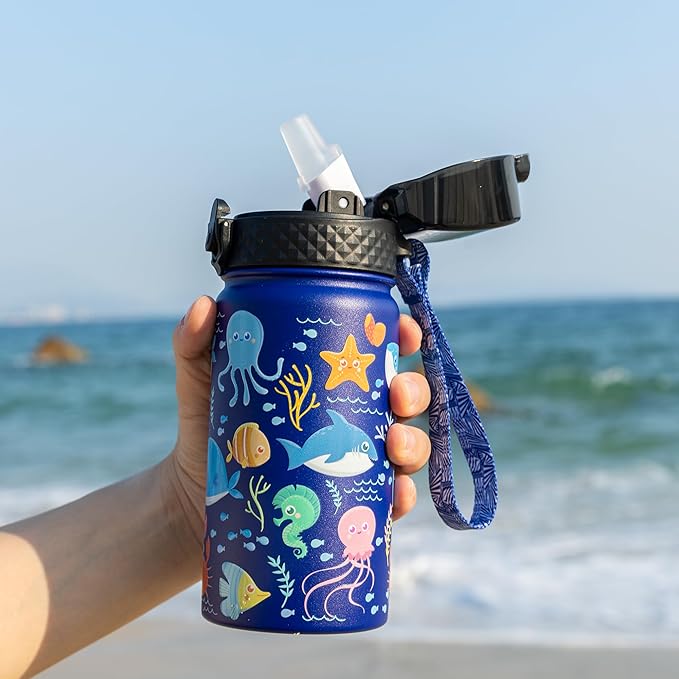 GOPPUS Kids Water Bottle (Straw Lid) - 14 Oz Stainless Steel Travel Bottle, Double Wall Vacuum Leak Proof Kids Cup for School Boys Girls,Under the Sea
