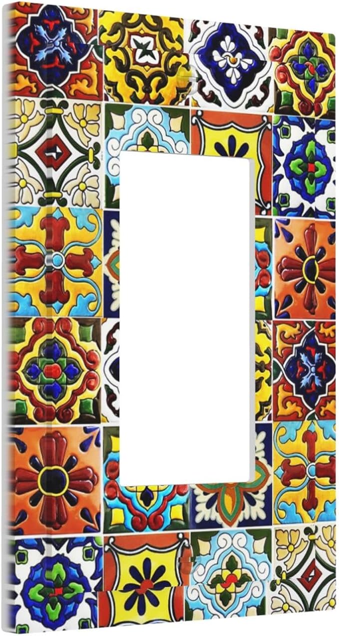 Retro Matte Mosaic Moroccan Mexican Mandala Boho Talavera Style Ceramic Tile 1 Gang Single Decorator/GFCI Device Outlet Wall Plate Electrical One Rocker Decorative Light Switch Cover Faceplate Dimmer