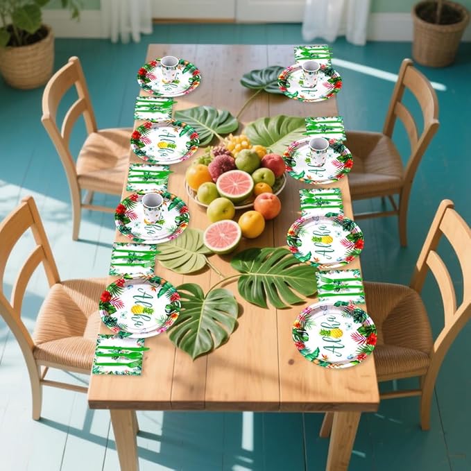 AIBIIN 192 PCS Hawaiian Luau Party Decorations Tropical Paper Plates Cups and Napkins Sets Tropical Party Supplies Disposable Tableware Set with Plates Forks Straws Serves 24 Guests