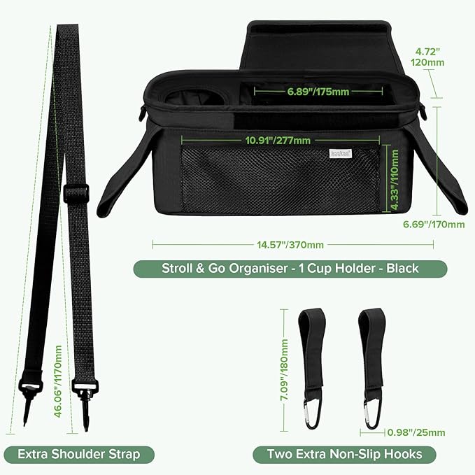 haakaa Universal Stroller Organizer - Black, Single Cup Holder, Stroller Caddy Accessories with Shoulder Strap & Extra Non-Slip Stroller Hook, Fits Most Strollers