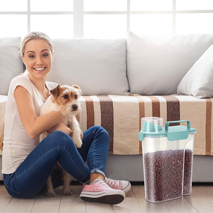 LEAWALK 5-7Lbs Dog Cat Food Storage Container with Upgraded Large Nozzle BPA-free, 4 Snap Seals Plastic Pet Food Storage Containers with Handles (Elegant Blue, 5L-2pack)