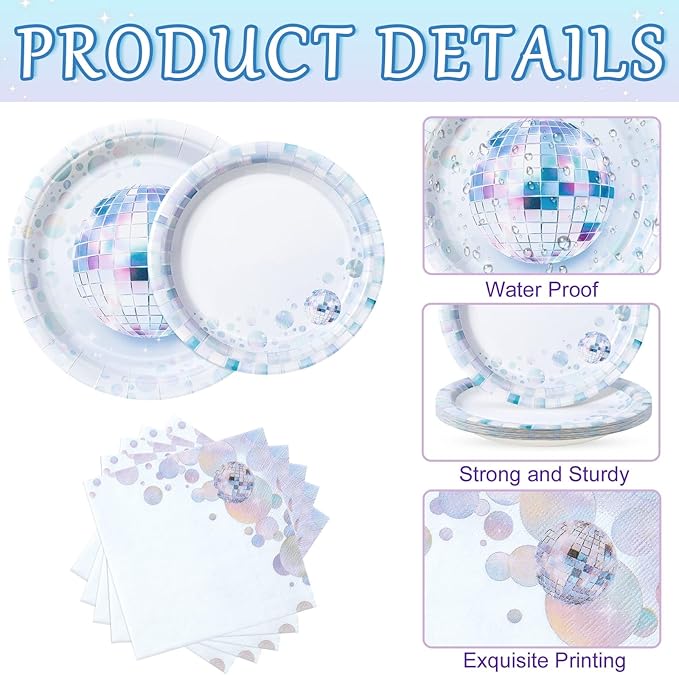 WERNNSAI Disco Party Decorations - 48PCS Disco Ball Plates and Napkins 70s Theme Birthday Supplies for Girls Boys Bachelorette Wedding Birthday Party Favor Serves 16 Guest