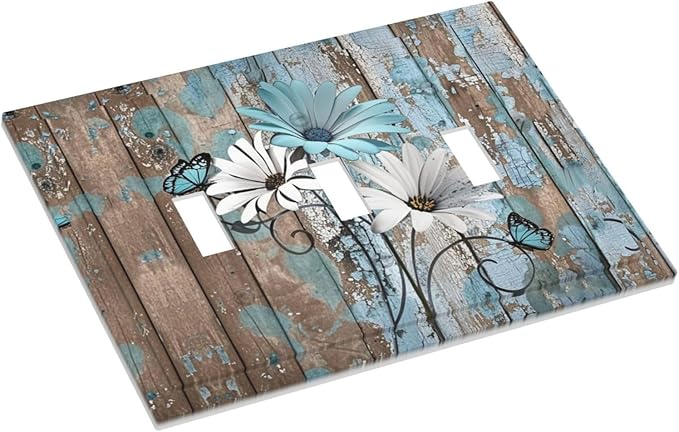 Decorative Switch Plates Rustic Flower Teal Turquoise Daisy Butterfly 3 Gang Wall Plate Triple Toggle Light Switch Cover Faceplate Electrical Wall Panels For Farmhouse Cabin Decor