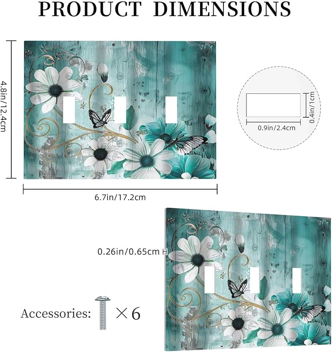 Decorative Switch Plate Covers Turquoise Flowers and Butterflies Rustic Teal White Floral 3 Gang Wall Plate Light Switch Cover Plate Triple Toggle Jumbo Electrical Faceplate for Bedroom Decor