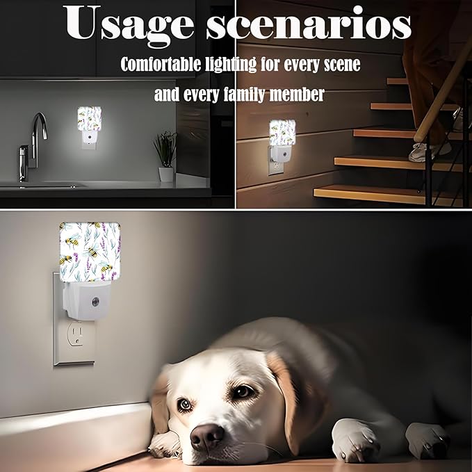 Bees and Lavender Flowers Night Light,Plug-in Night Lights with Dusk-to-Dawn Sensor for Stairway,Hallway,Bedroom Sleep Friendly Ideal for Women/Girls/Boys Gift,0.5w