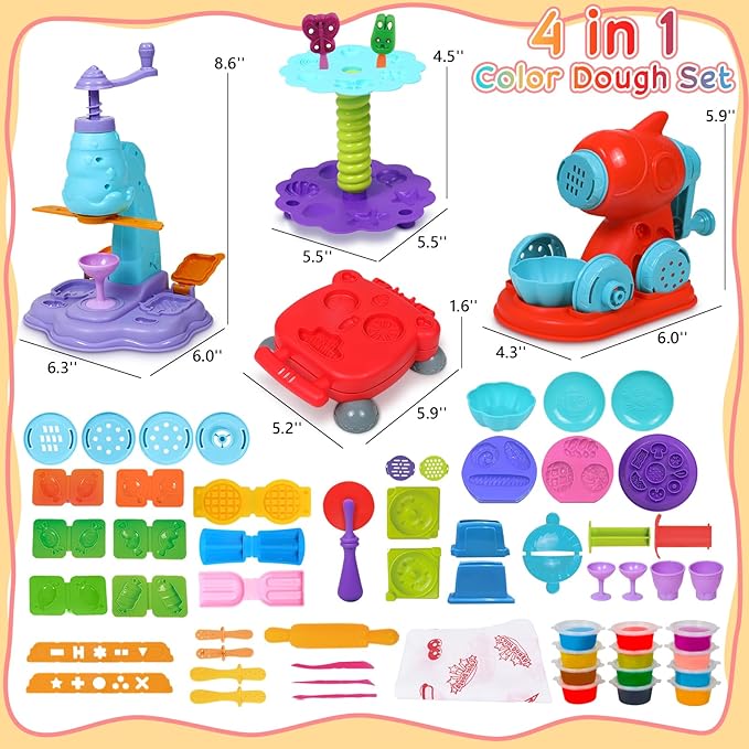 4 in 1 Color Dough Set for Kids 3-5 4-8 Play Kitchen 59Pcs Ice Cream Slime Tools Accessories Kit Playset Noodle Hamburger Maker Food Toy Birthday Gift 3 4 5 6 7 8 Year Old Boys Girls Toys