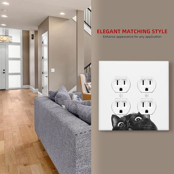 Peeping Black Cat Cute Animals Outlet Covers 2 Gang Double Duplex Decorative Light Switch Covers Electrical Wallplates Socket Faceplate for Kids Room Home Decor