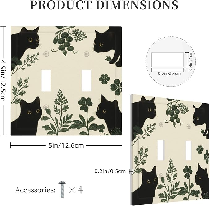 Decorative Light Switch Cover Plate Funny Black Cat Green Leaf 2 Gang Outlet Covers Double Toggle Wall Plates for Electrical Outlets Switch Plate Covers Faceplate for Bedroom Home Decor