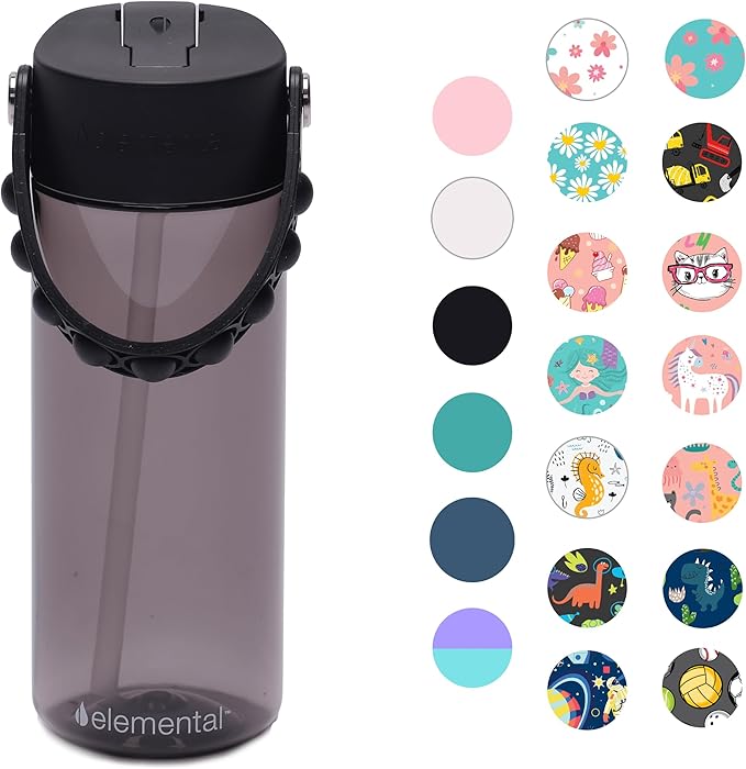 Elemental Leak Proof Water Bottles for Kids - Splash Kids Water Bottle for School with Pop-it Handle - Tritan Plastic Water Bottle with Straw - Shark & Black - 18oz (2 Pack)