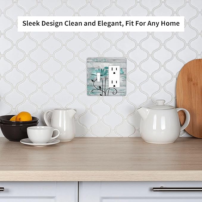 Teal White Daisy Flower Butterfly On Rustic Wood Board Outlet Covers 1 Toggle 1 Rocker Combination Decorative Wall Plate Electrical Switch Plates Light Switch Cover Plate for Farmhouse Bedroom Decor