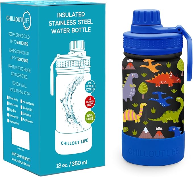 CHILLOUT LIFE 12 oz Kids Insulated Water Bottle for School with Leakproof Spout Lid and Cute Waterproof Stickers, Personalized Stainless Steel Thermos Flask Metal Water Bottle For Girls & Boys