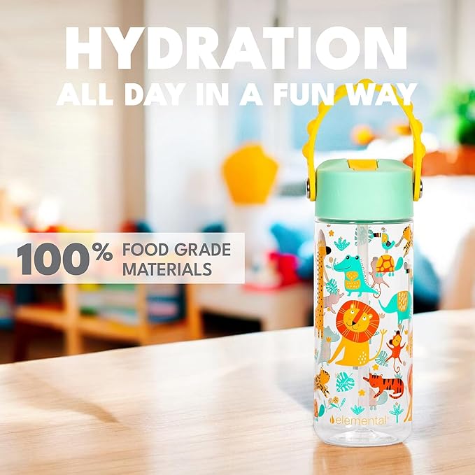 Elemental Water Bottles for Kids - Splash Kids Water Bottle for School with Pop-it Handle - BPA Free Tritan Plastic Water Bottle with Straw Leak Proof when Spout is Closed - Clear Jungle - 18oz