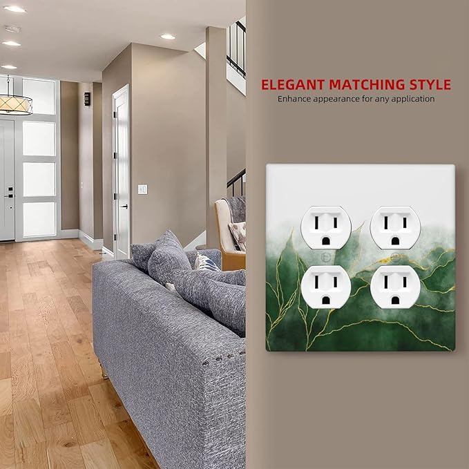 Decorative Light Switch Cover Plate Green Gold Leaf Marble Modern Abstract 2 Gang Decorative Switch Plates 1 Toggle Duplex Combo Outlet Covers GFCI Plug Covers Wallplates for Kitchen Bathroom Decor