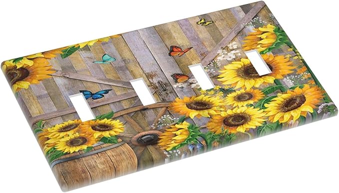 Rustic Sunflower Barn Door Country Wood Plank Butterfly Quad Toggle Light Switch Covers Decorative 4 Gang Wall Plate Electrical Faceplate Switchplate for Farmhouse Bathroom Bedroom Decor