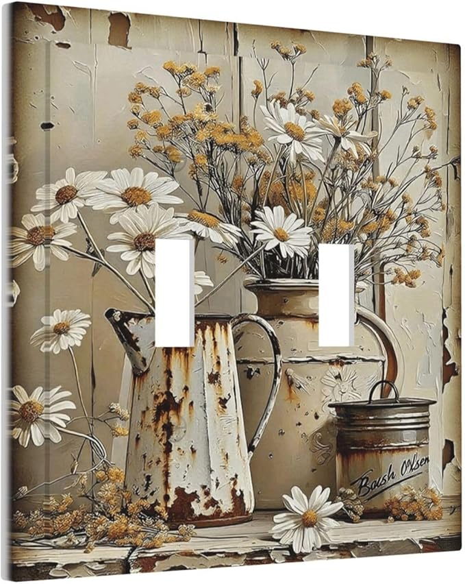Rustic Flowers Daisy Floral White Wooden Planks Decorative Switch Plates 2 Gang Double Toggle Outlet Light Switch Cover Wall Plate Electrical Faceplate for Farmhouse Home Decor