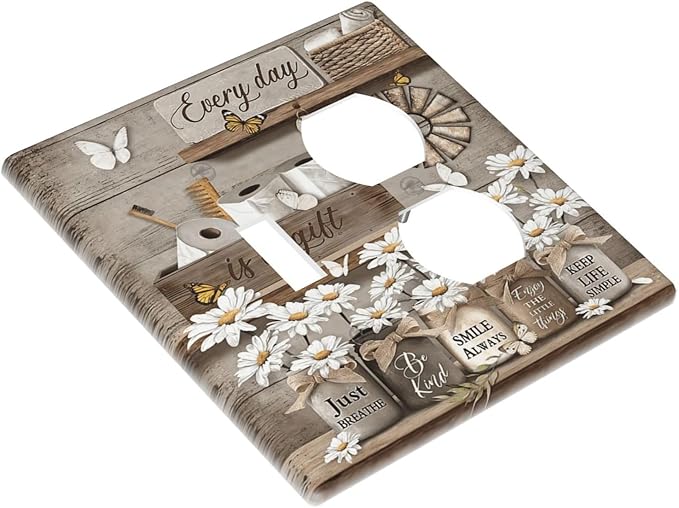 Rustic Daisy Flower Butterfly Inspirational Cottage Wallplates 1 Toggle 1 Duplex Switch Plate Electrical GFCI Faceplate Decorative Light Switch Covers for Farmhouse Bedroom Decor