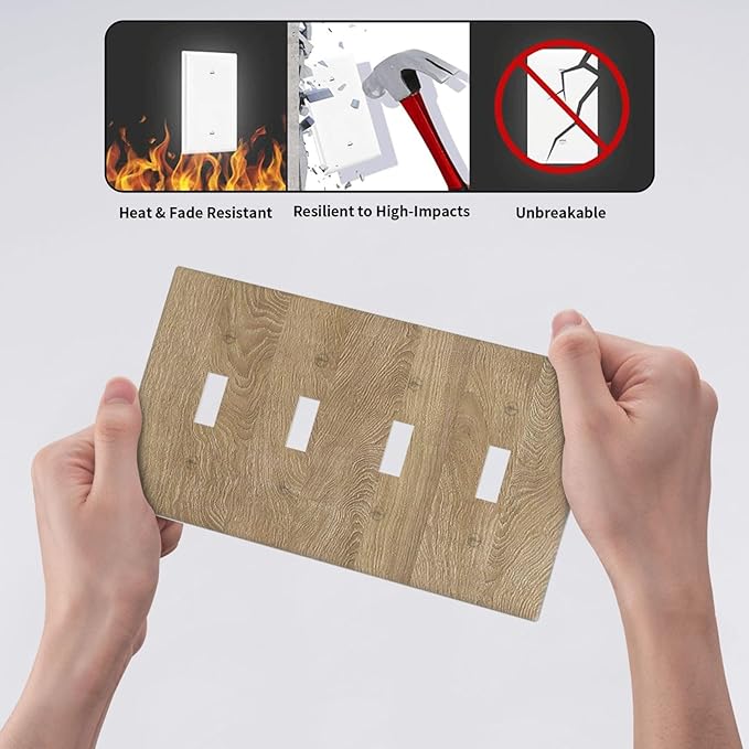 Light Switch Cover Plate Light Brown Wood Grain 4 Gang Quad Toggle Wall Plate Electrical Outlet Cover Decorative Switch Plate Covers for Farmhouse Cabin Decor