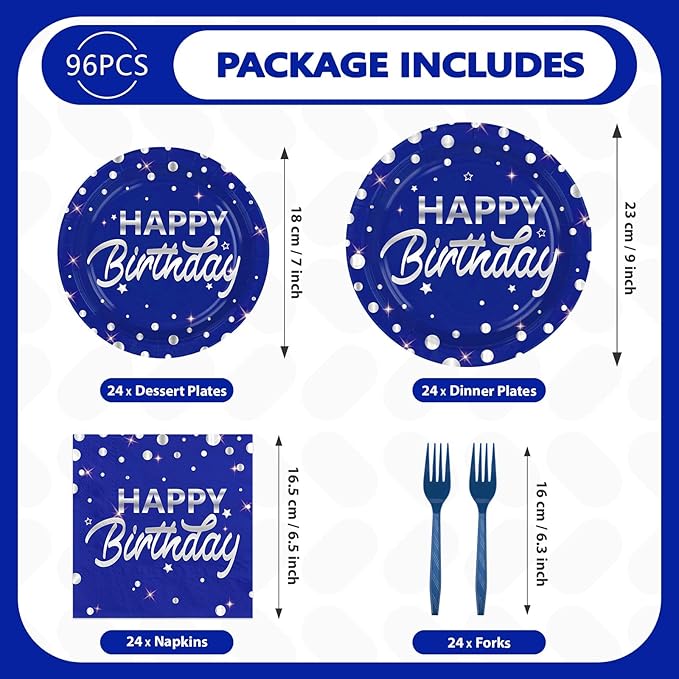 Grencian 96Pcs Blue and Silver Birthday Party Decorations Silver Polka Dots on Blue Paper Plates and Napkins Disposable Tableware for Women Men Birthday Party Graduation Decorations 2026 Serves 24